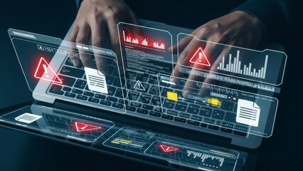 Hacker Typing On Laptop With Digital Security Alerts And Data Analysis computer technology