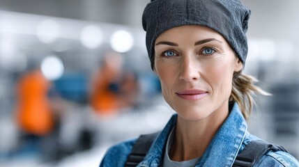 A woman wearing a blue jacket and a hat is smiling. She has a backpack on her back