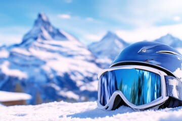 Blue ski goggles rest on fresh snow, mirrored lenses capture towering alpine peaks beneath a bright sky. Clear