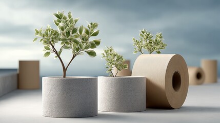 A tree is in a pot and is surrounded by two other pots. The pots are made of concrete and are placed on a white surface. Concept of stability and permanence