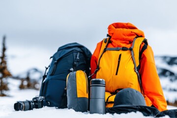 Snowy outdoor camping gear laid out orange and blue backpacks, a camera, thermos, cup, and lid on ice today!!