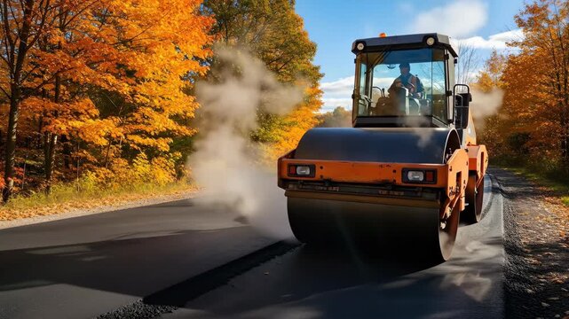 Man operating a heavy road roller on new asphalt in an autumn setting with smoke. Road construction and paving.