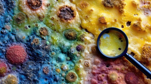 Moldy fish illuminated by a magnifying glass reveals colorful micro-organisms and mites on ice surface