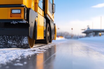 Bright yellow bus on a slick snow-covered street beside a calm icy surface and distant harbor skyline at dawn