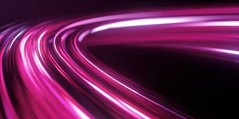 Glowing magenta light streaks curve dynamically across a dark background representing speed and data flow.