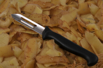 &Eacute;conome pos&eacute; sur des &eacute;pluchures de pommes de terre en gros plan