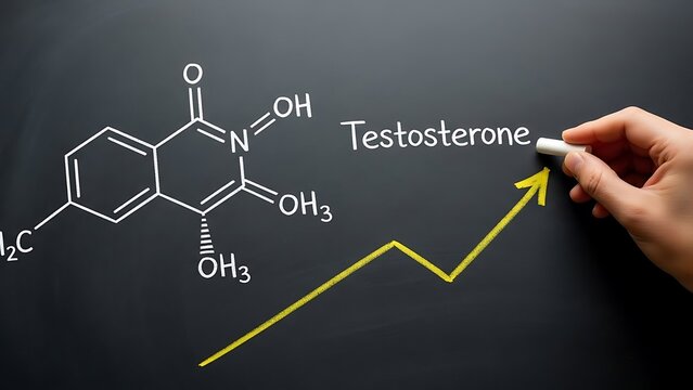 Hand drawing testosterone chemical structure and rising graph on blackboard symbolizing hormone level increase - Powered by Adobe