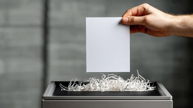 A person is holding a piece of paper in a shredder. The shredder is full of shredded paper