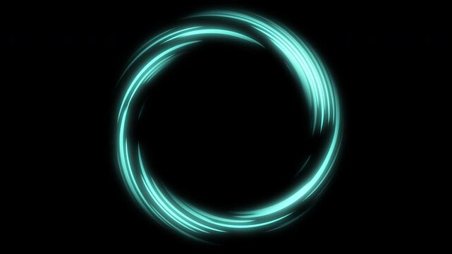 Glowing blue energy circle loop animation on black background, Neon light ring. Futuristic portal frame. Round border glowing effect. Sparkle laser light circle frame. 4K Seamless loop animation