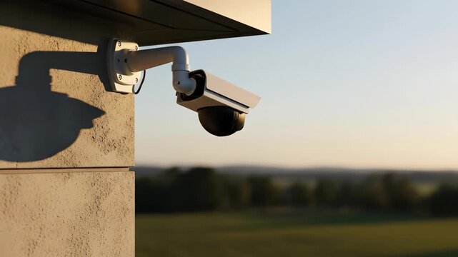 Wall mounted security camera changing tilt angles, recording property surveillance with outdoor views
