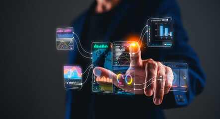 A person interacts with digital data visualizations, showcasing graphs and analytics through a futuristic touchscreen interface.