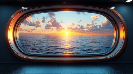 Ocean view through an oval window with a sunset on the horizon