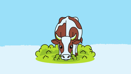 Brown and white cow grazing on green grass