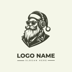 A vector illustration of a stylized Santa Claus wearing sunglasses and headphones on a clean white background with a logo and slogan text.
