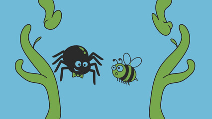 Spider and bee among green plants