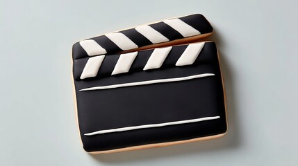 A black and white cookie shaped like a movie clapperboard. The cookie is decorated with white icing and has a black and white striped design