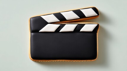 Fototapeta premium A black and white cookie shaped like a movie clapperboard. The cookie is decorated with white icing and has a black and white design
