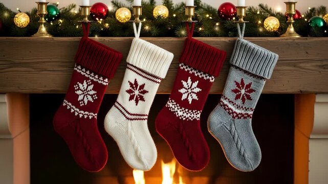 Christmas fireplace with festive decorated mantel displaying hanging knitted stockings over fire for holiday celebration
