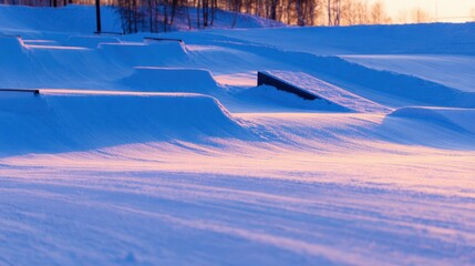 Snowy landscape at blue hour with soft drifts, curved ramps, and distant trees along a quiet park trail. dawn