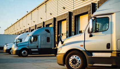 fleet of semi trucks lined up outside large distribution center, clean sky, modern transport logistics, professional stock photo vibe
