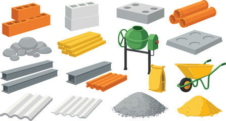 Vector set of construction materials including bricks, cement blocks, pipes, timber, sand, gravel, wheelbarrow, and concrete mixer for building and industrial development projects.