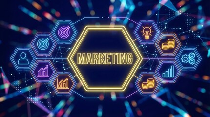 Vibrant marketing concept with glowing icons and graphs