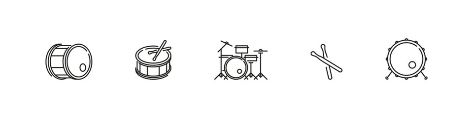 Drum set vector outline icon set. Music, percussion, and rhythm instrument collection.
