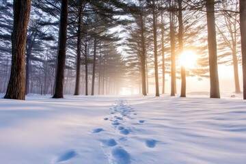 Snowy forest scene at dawn with tall pines, a sunlit path, and footprints leading toward light. Subtle light.!