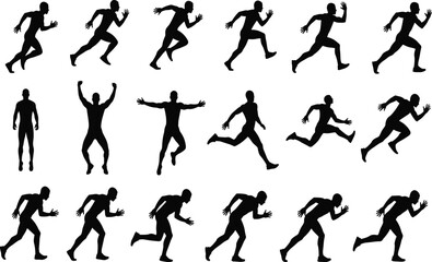 Running man silhouette collection showing sprinting, jumping and athletic motion poses, sports fitness action black vector illustration isolated on white background