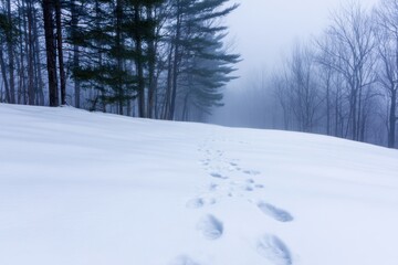 Obraz premium Snowy slope leading into a misty forest; footprints trail toward bare trees under blue-gray skies. Quiet mist