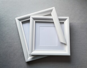 empty white picture frames arranged on a surface blank light