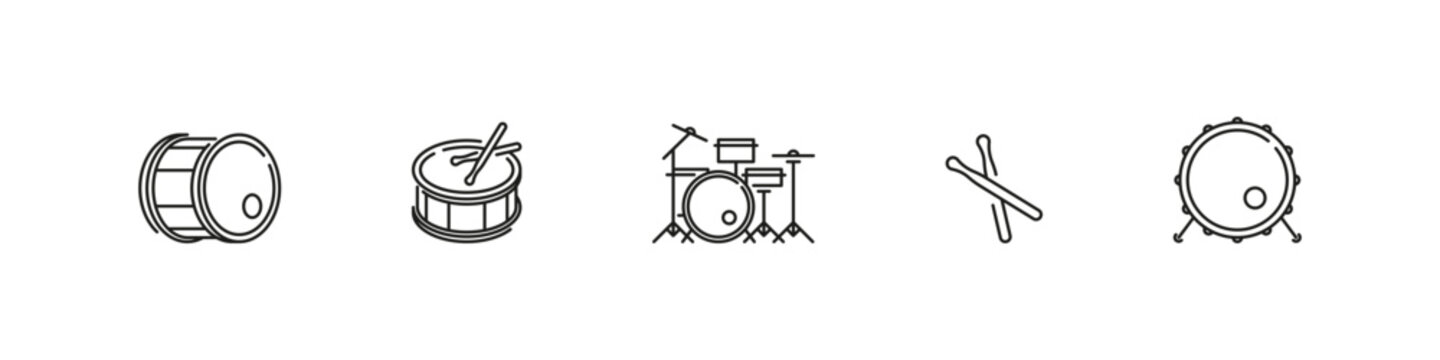 Drum set vector outline icon set. Music, percussion, and rhythm instrument collection.