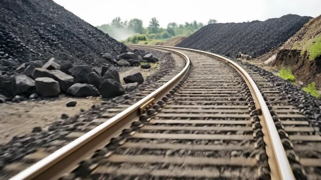 Curving railroad track with piled coal moving through an industrial landscape, showing transport infrastructure