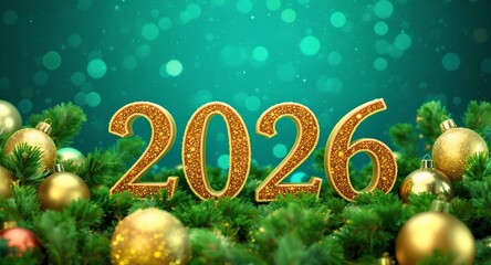 New Year 2026 Greeting Card with Gold Numbers, Pine Branches and Teal Bokeh Lights