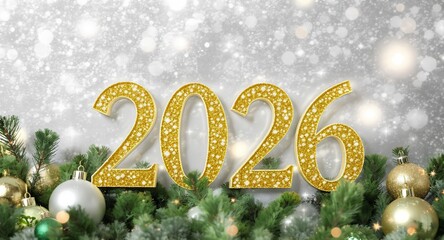 Festive New Year 2026 Background with Gold Glitter Numbers and Teal Bokeh for Marketing