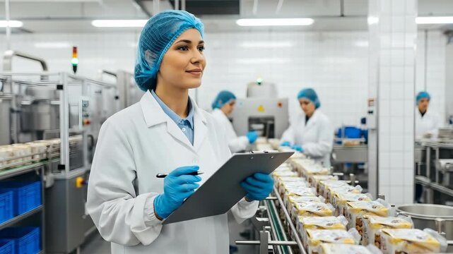 Woman quality control inspector writing on clipboard in food production factory with product on conveyor belt