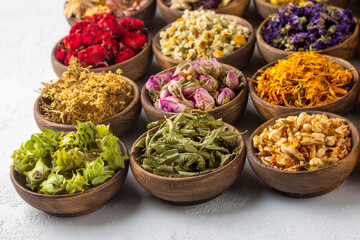 Assortment of dry herbal tea concept. Medicinal herbs healing herbs and alternative medicine.