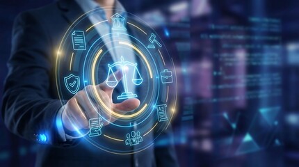 Businessman interacting with futuristic law interface in dark office