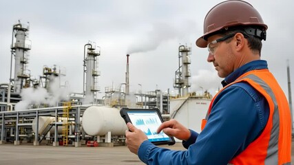 Man monitoring industrial plant data with digital tablet. Engineer checking performance metrics in a chemical refinery. Industrial technology concept. - Powered by Adobe