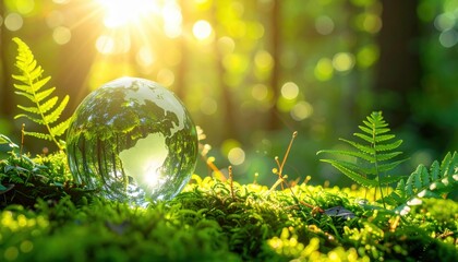 Earth Day - Glass Globe In Green Forest On Moss And Fern - Environment Concept - Defocused Abstract Background