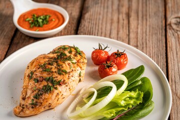Delicious grilled chicken breast with fresh vegetables and tomato sauce