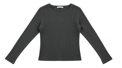 Dark Grey Ribbed Long Sleeve Sweater Flat Lay On Black Background jumper knitwear isolated on a transparent background