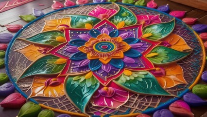 Fototapeta premium Vibrant, detailed mandala with intricate floral and leaf designs on a wooden surface
