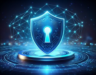 a glowing blue shield with a keyhole on a circular platform with connecting dots and lines in dark space