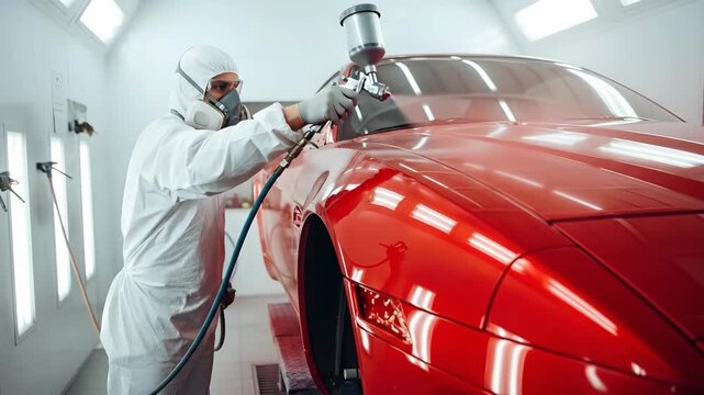 Man in protective suit spray painting red car with a paint gun. Auto body repair and restoration workshop process. Technician painting vehicle.