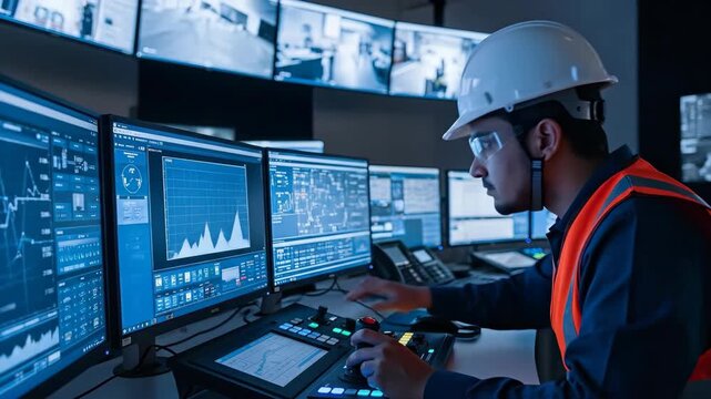 Man monitor surveillance camera feeds and data analytics for plant security. Industrial control room operator at desk.