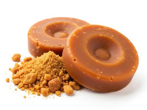 Khejur Gur, Two round blocks of jaggery and a pile of granulated jaggery sugar, isolated on white background