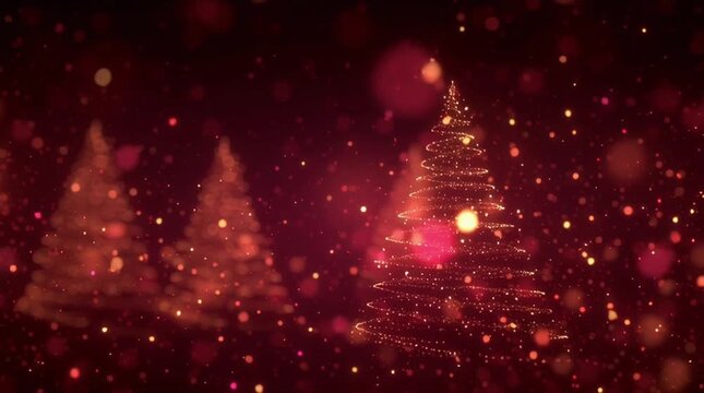 Deep ruby red Christmas background intelligent snowfall glowing constellation patterns Christmas trees, stars angels, bells hold shape exploding golden bokeh particles constellation pulses inner light