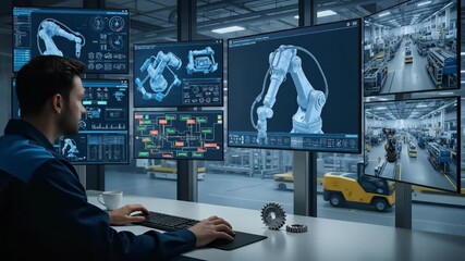 Caucasian man works with robotic arm blueprint on multiple screens, monitoring automated factory processes for industrial development - Powered by Adobe