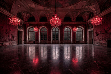 An empty, dark, gothic ballroom with a reflective floor and glowing red chandeliers. A moody, dramatic interior of a classic palace or abandoned mansion.